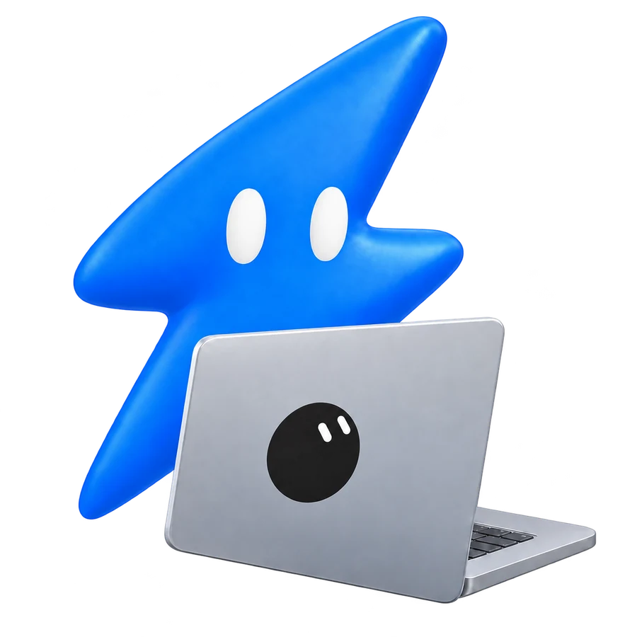 KADS lightning-bolt mascot using a laptop with the Grok Bot logo on its lid, surrounded by advertising platforms