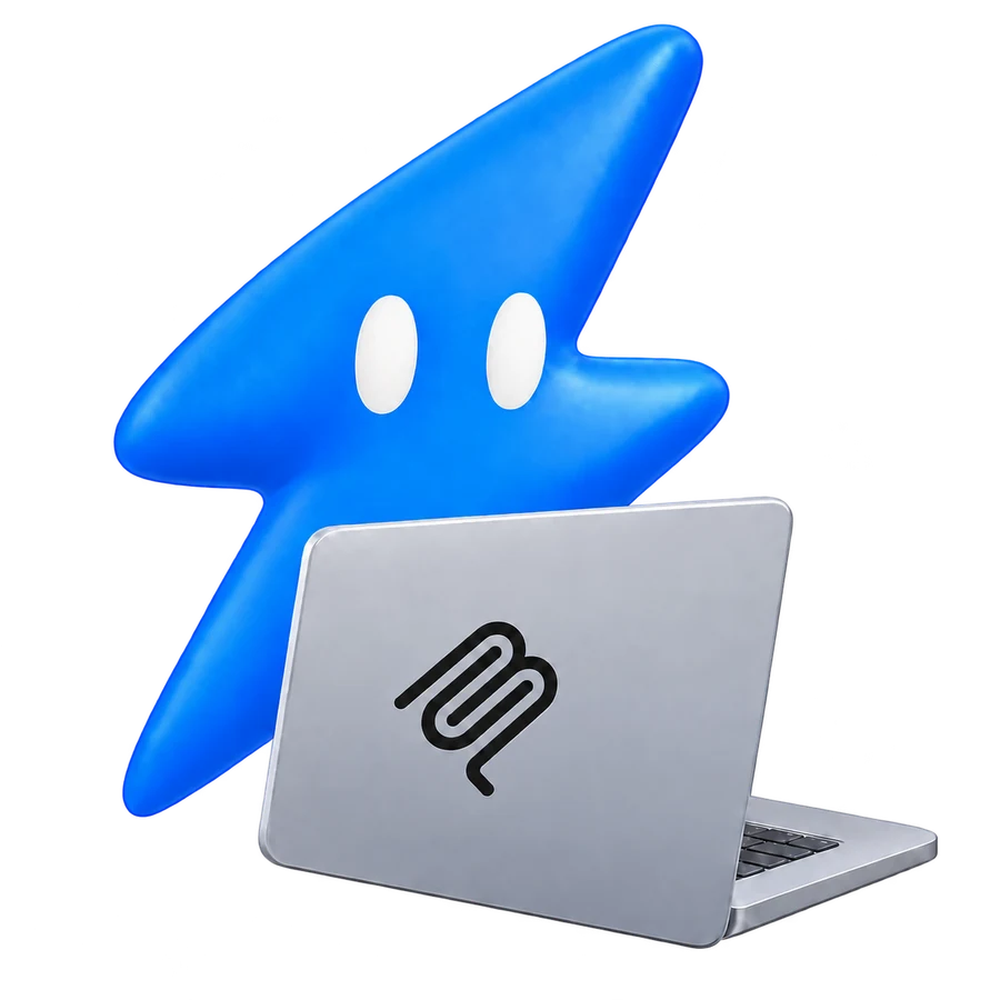 KADS lightning-bolt mascot using a laptop with the MCP logo on its lid, surrounded by advertising platforms
