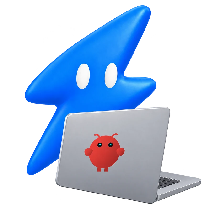 KADS lightning-bolt mascot using a laptop with the OpenClaw logo on its lid, surrounded by advertising platforms