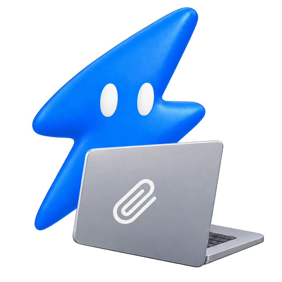 KADS lightning-bolt mascot using a laptop with the Paperclip logo on its lid, surrounded by advertising platforms