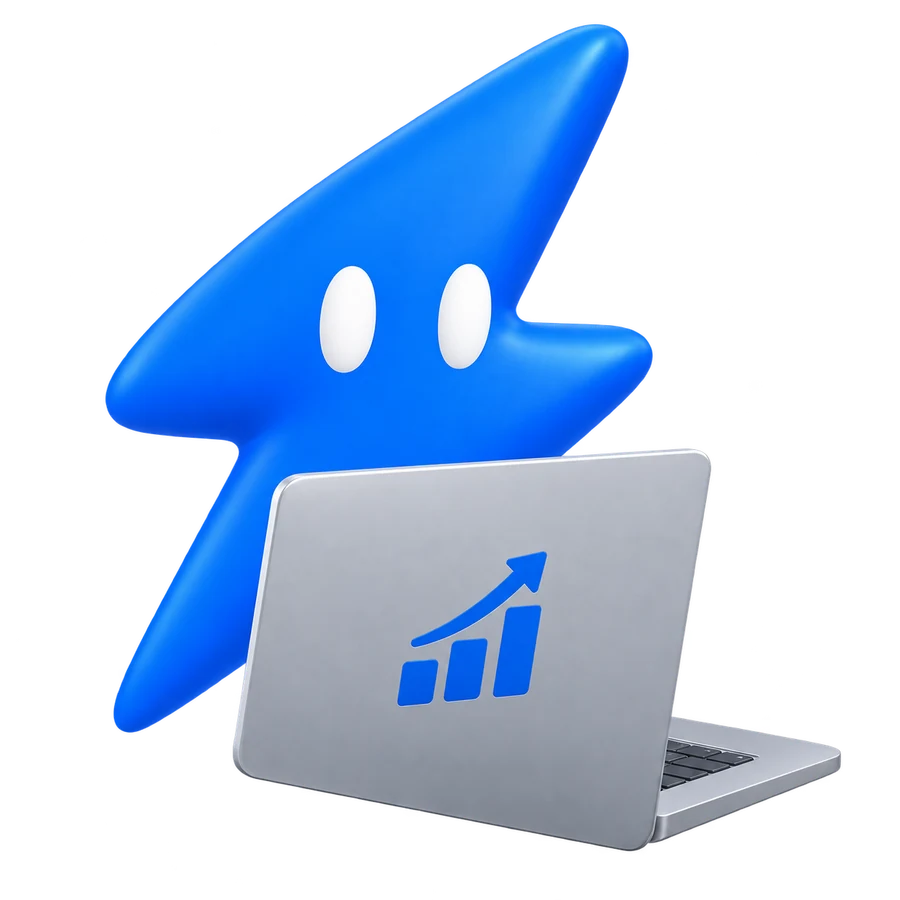 KADS lightning mascot at a laptop